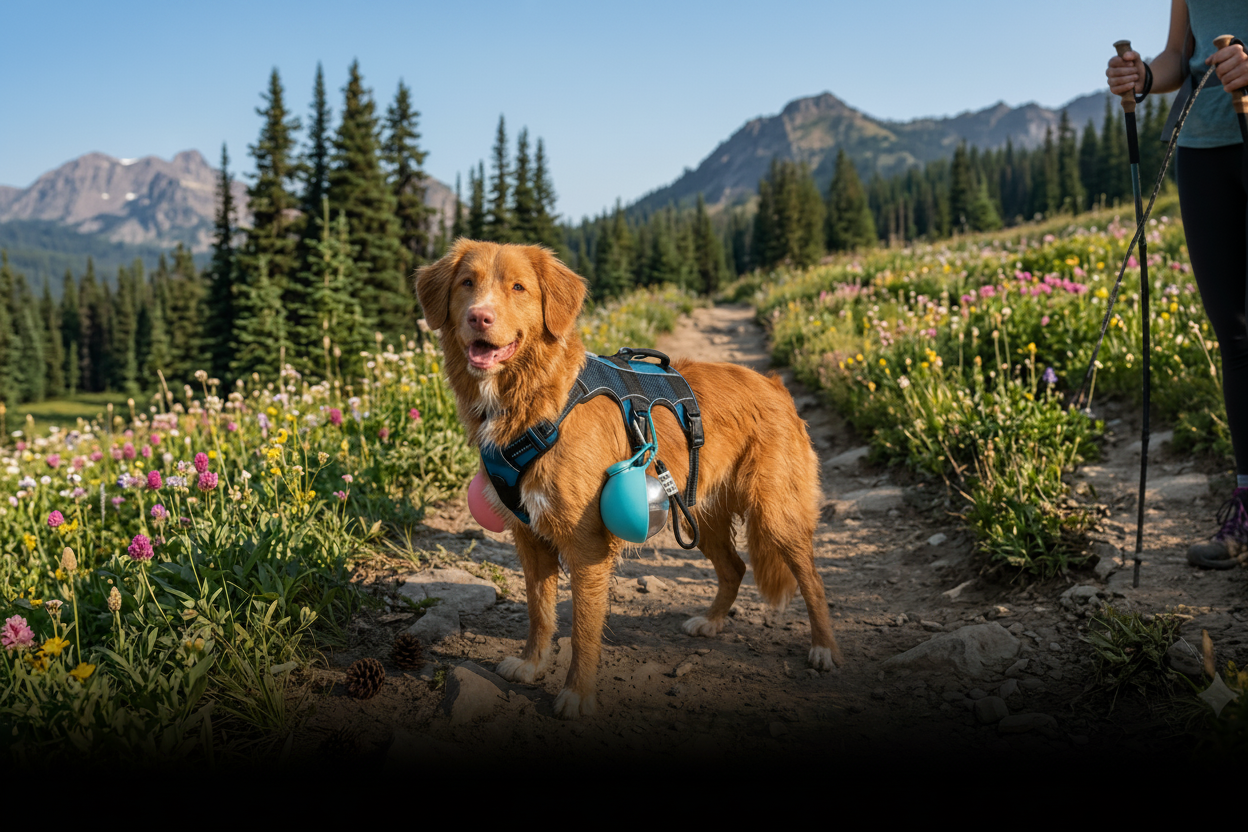Happy dog with a harness on, wearing 2 Bowl Balls on a hike.